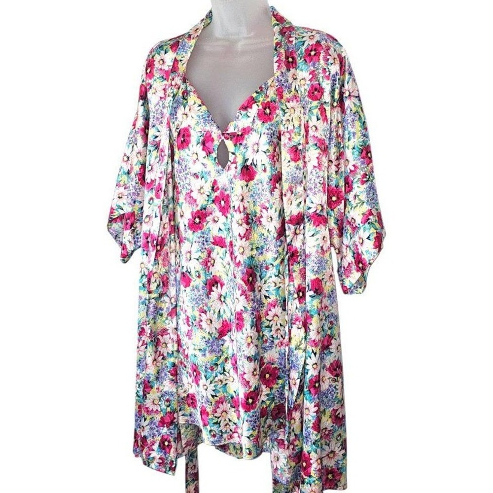 Morgan Taylor Intimates Floral Satin Robe and Nightgown Set Pink‎ P/S